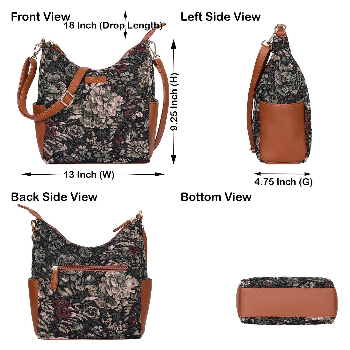 Women's Hobo Bag in Vintage Tapestry Fabric Pattern | Vegan leather-Trim Crossbody Sling & Shoulder Purse