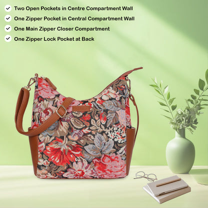 Women's Floral Tapestry Hobo Bag | Stylish vegan leather-Trimmed Shoulder & Crossbody Purse for Daily Essentials