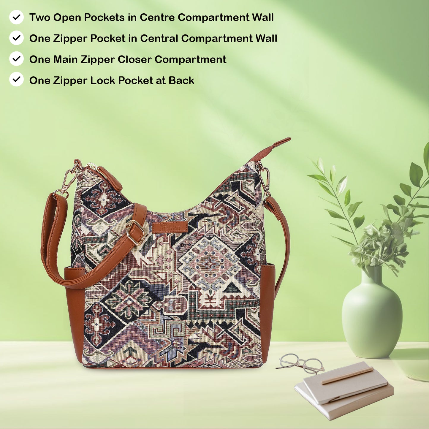 Wholesale Women Hobo Bag in Geometric Tapestry Pattern with vegan leather Trim | Crossbody & Shoulder Purse for Office