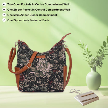 Women's Hobo Bag in Vintage Tapestry Fabric Pattern | Vegan leather-Trim Crossbody Sling & Shoulder Purse