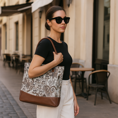 Wholesale Women’s Abstract Tapestry Tote Bag | Shoulder Purse with Genuine Leather Trim & Top Handle for Work, Travel & Daily Use