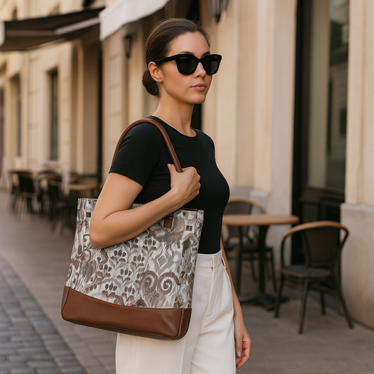 Wholesale Women’s Abstract Tapestry Tote Bag | Shoulder Purse with Genuine Leather Trim & Top Handle for Work, Travel & Daily Use