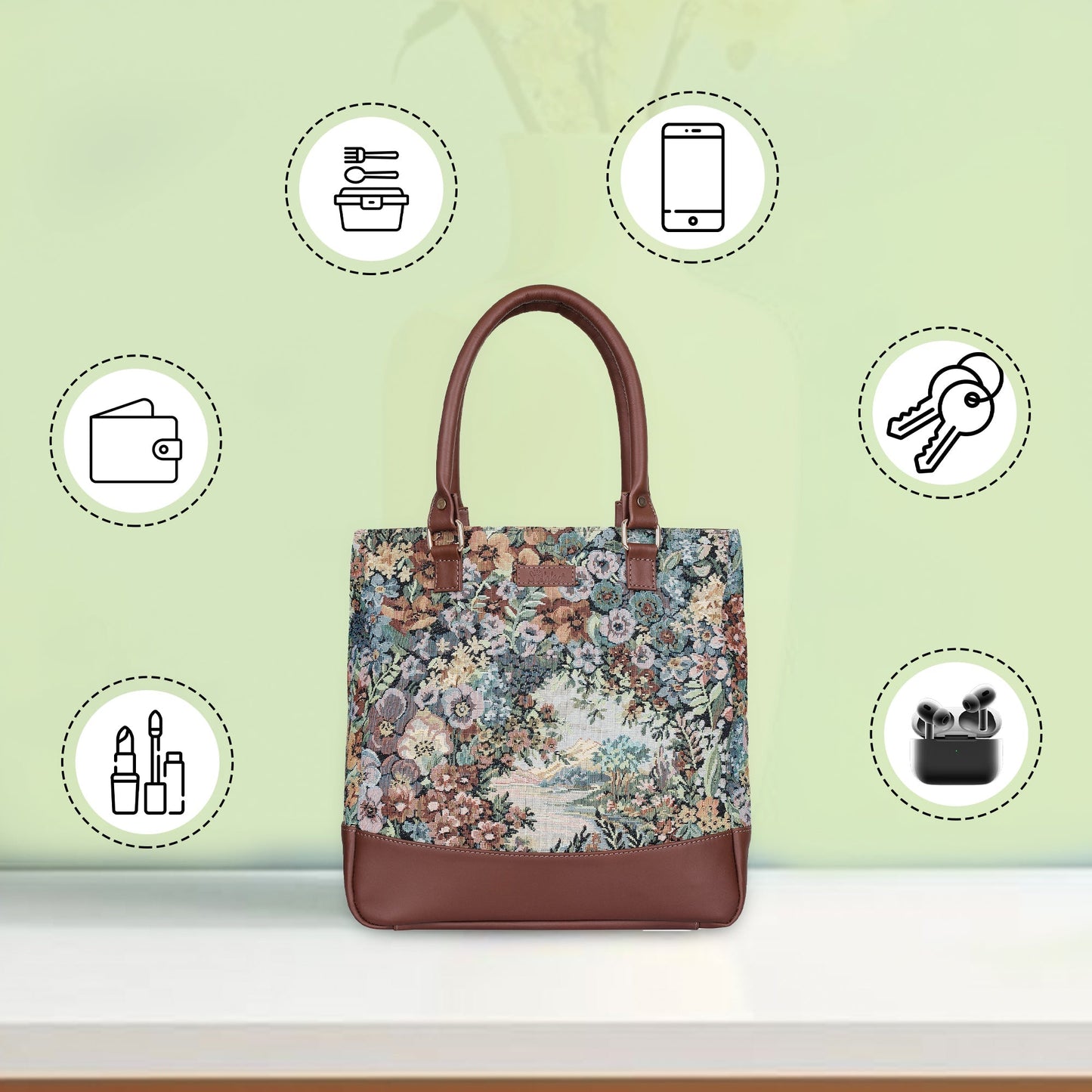Wholesale Women’s Botanical Tapestry Tote Bag – Shoulder & Top Handle Handbag with Genuine trim leather