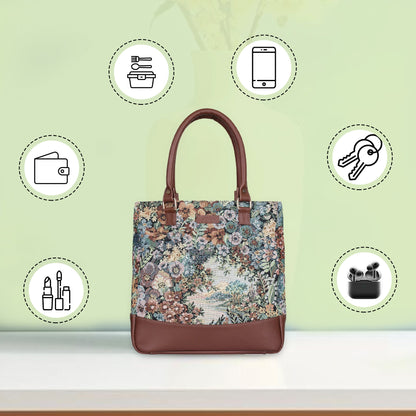 Wholesale Women’s Botanical Tapestry Tote Bag – Shoulder & Top Handle Handbag with Genuine trim leather