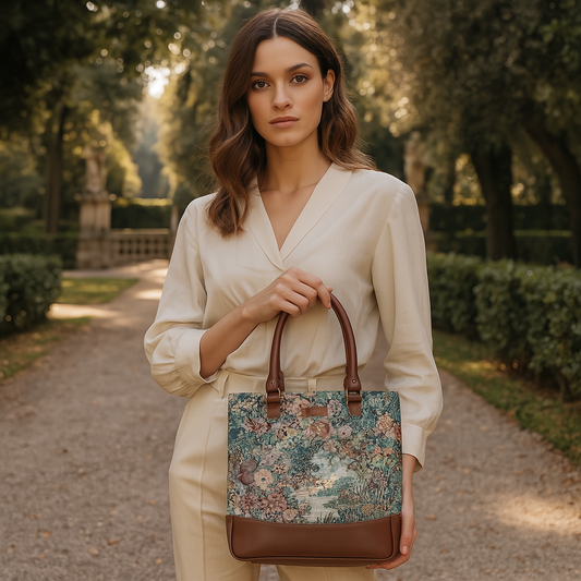 Wholesale Women’s Botanical Tapestry Tote Bag – Shoulder & Top Handle Handbag with Genuine trim leather