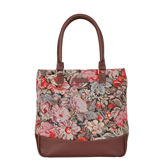 Wholesale Women’s Floral Tapestry Tote Bag – Genuine Leather-Trimmed Shoulder Purse with Top Handle