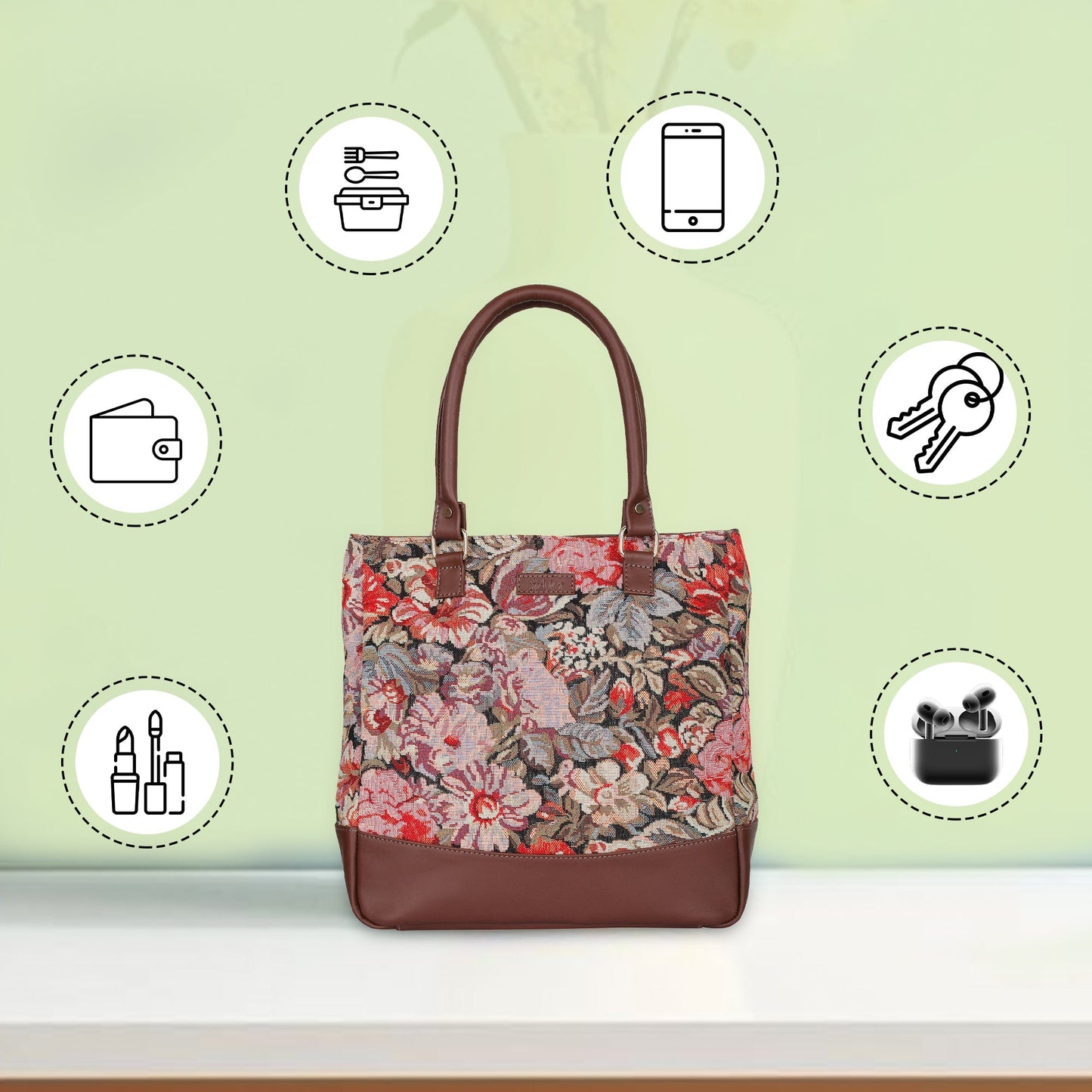 Wholesale Women’s Floral Tapestry Tote Bag – Genuine Leather-Trimmed Shoulder Purse with Top Handle