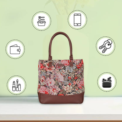 Wholesale Women’s Floral Tapestry Tote Bag – Genuine Leather-Trimmed Shoulder Purse with Top Handle
