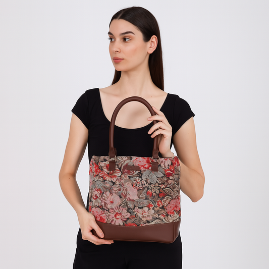 Wholesale Women’s Floral Tapestry Tote Bag – Genuine Leather-Trimmed Shoulder Purse with Top Handle
