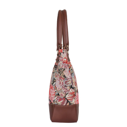 Wholesale Women’s Floral Tapestry Tote Bag – Genuine Leather-Trimmed Shoulder Purse with Top Handle