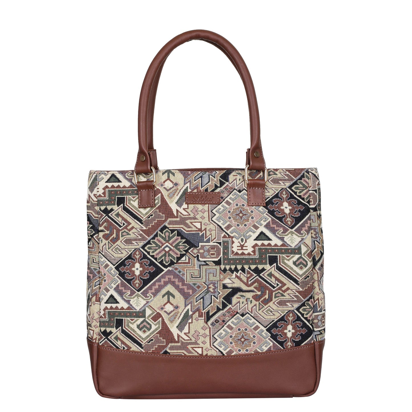 Women’s geometric tapestry tote bag with leather handles for work, office, travel, and everyday use