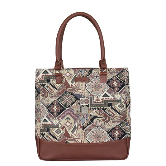 Wholesale Geometric Tapestry Tote Bag for Women – Genuine Leather-Trimmed Shoulder Purse for Daily Use & Work