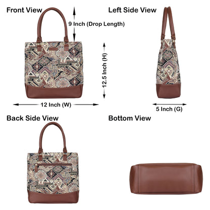 Wholesale Geometric Tapestry Tote Bag for Women – Genuine Leather-Trimmed Shoulder Purse for Daily Use & Work