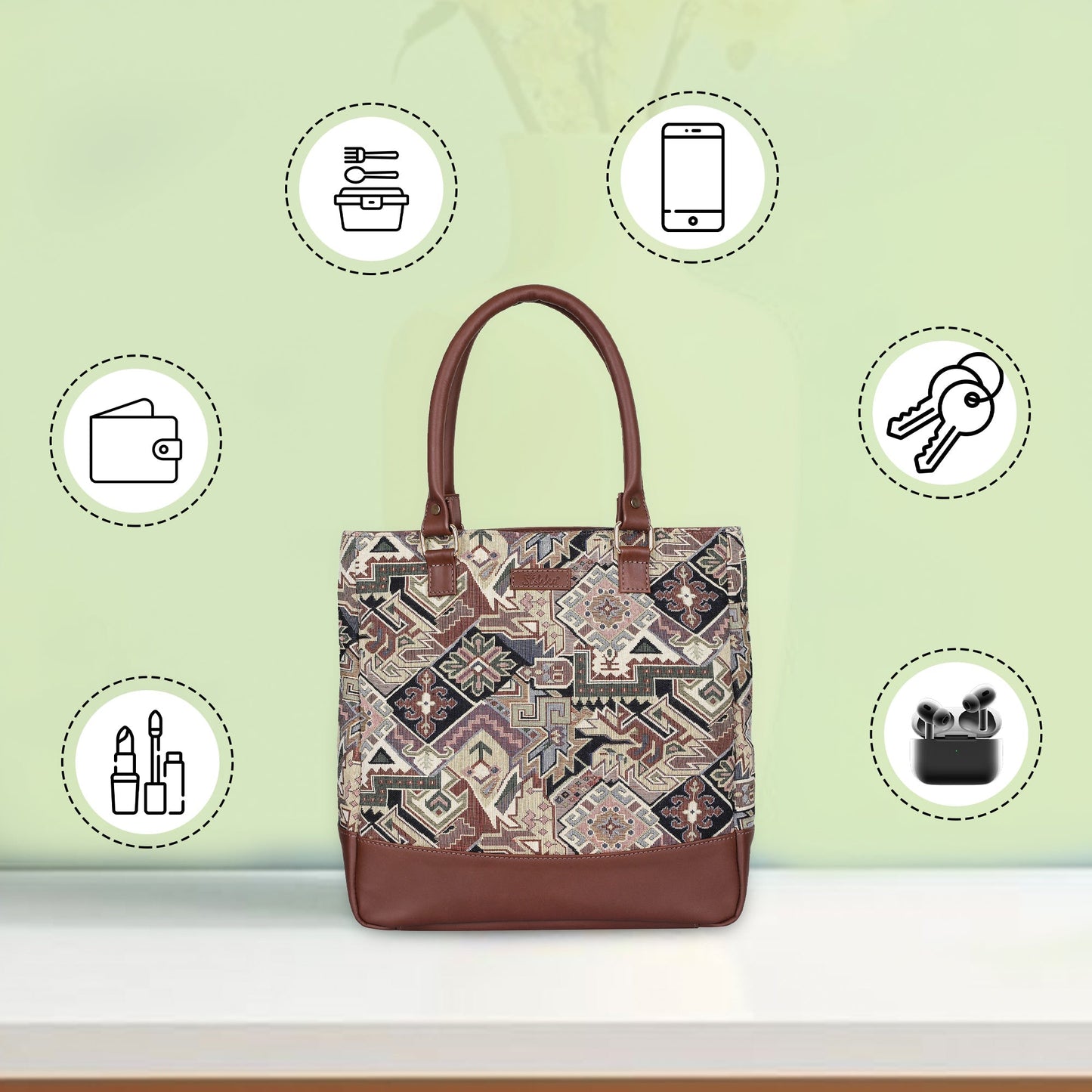Wholesale Geometric Tapestry Tote Bag for Women – Genuine Leather-Trimmed Shoulder Purse for Daily Use & Work