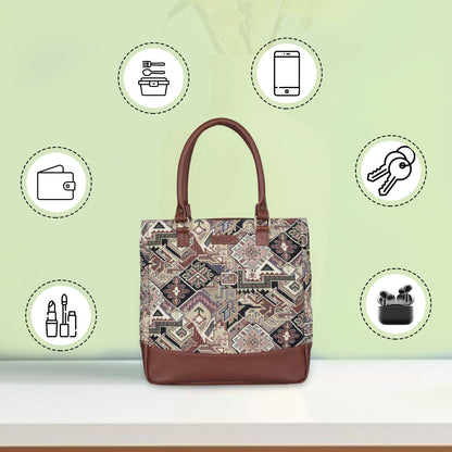 Wholesale Geometric Tapestry Tote Bag for Women – Genuine Leather-Trimmed Shoulder Purse for Daily Use & Work