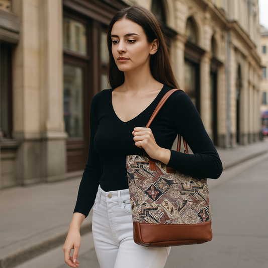 Wholesale Geometric Tapestry Tote Bag for Women – Genuine Leather-Trimmed Shoulder Purse for Daily Use & Work