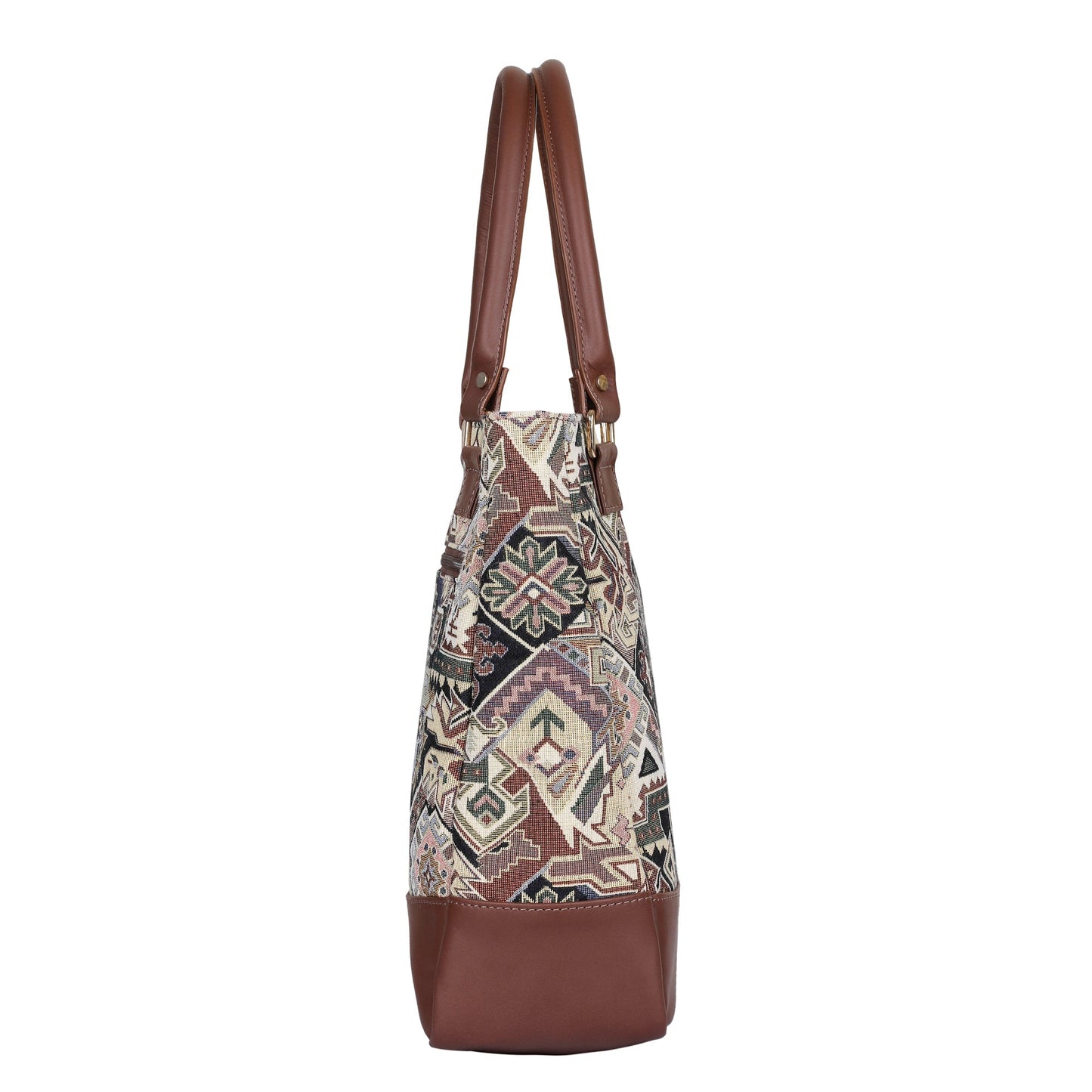 Wholesale Geometric Tapestry Tote Bag for Women – Genuine Leather-Trimmed Shoulder Purse for Daily Use & Work