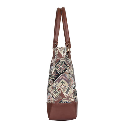 Wholesale Geometric Tapestry Tote Bag for Women – Genuine Leather-Trimmed Shoulder Purse for Daily Use & Work