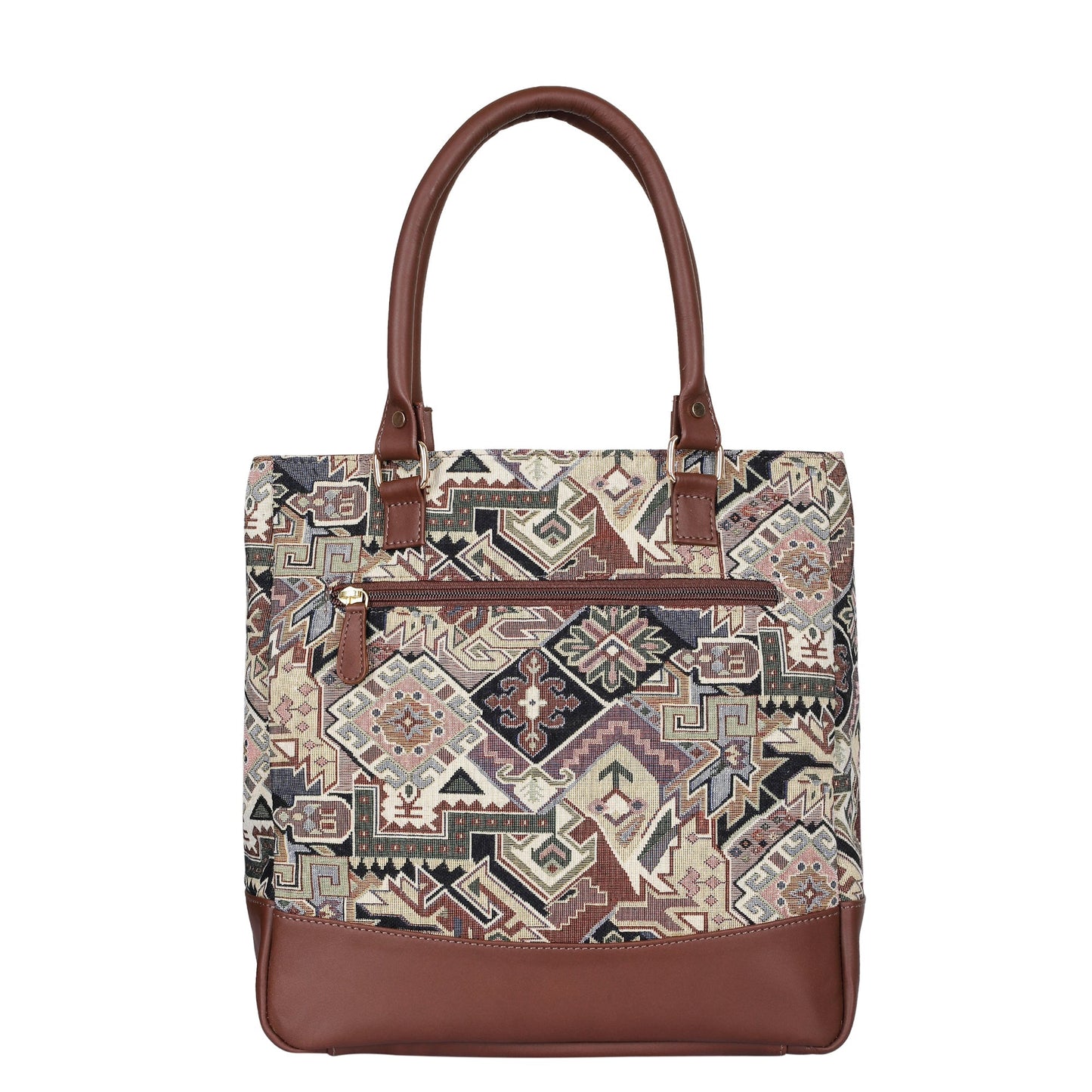 Wholesale Geometric Tapestry Tote Bag for Women – Genuine Leather-Trimmed Shoulder Purse for Daily Use & Work