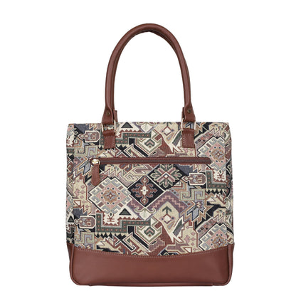Wholesale Geometric Tapestry Tote Bag for Women – Genuine Leather-Trimmed Shoulder Purse for Daily Use & Work