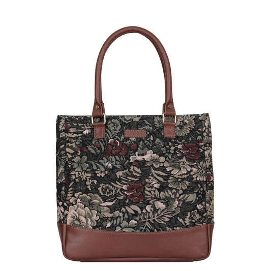 Women’s Vintage Tapestry Tote Bag – Genuine Leather-Trimmed Top Handle Shoulder Handbag for Daily Use, Office & Travel