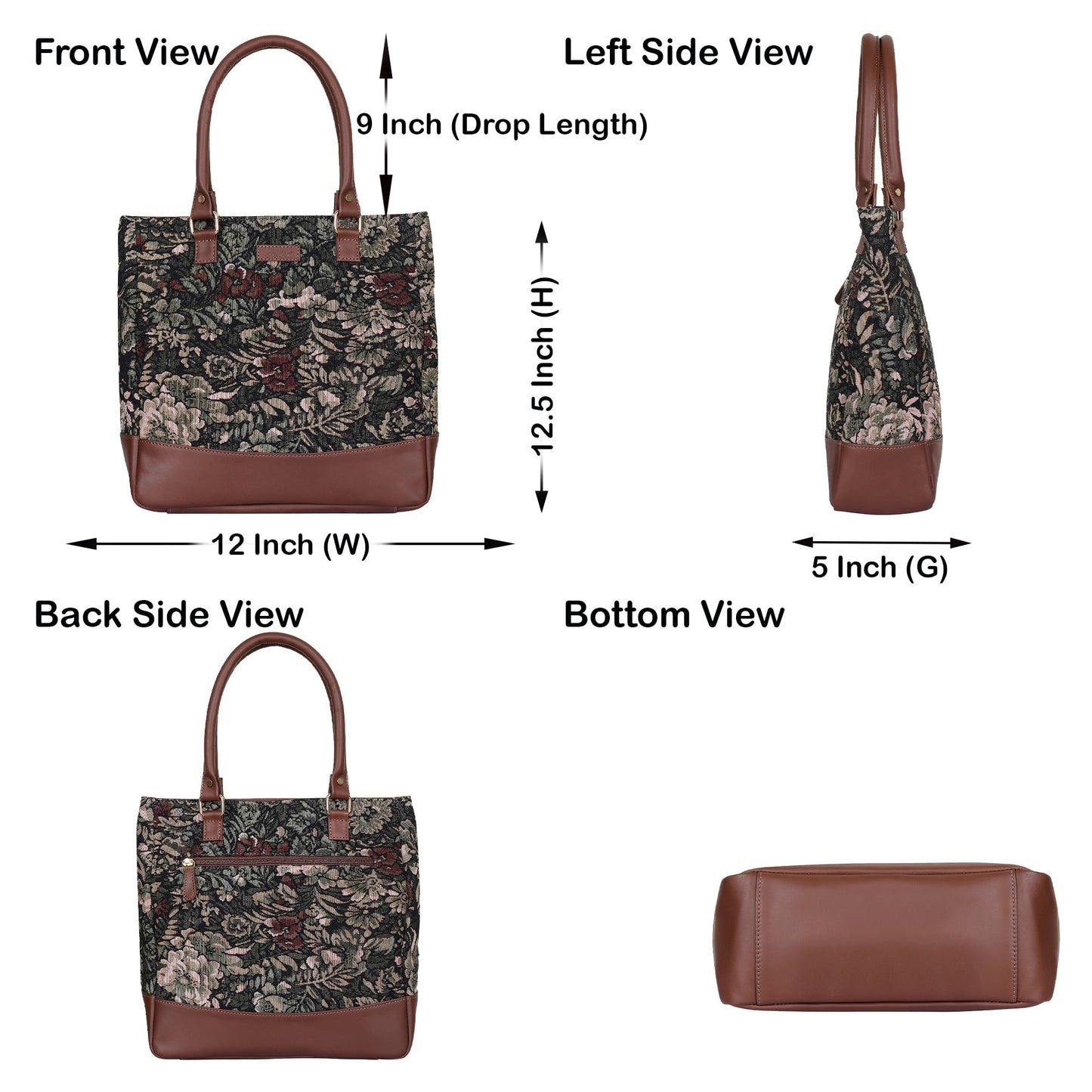 Women’s Vintage Tapestry Tote Bag – Genuine Leather-Trimmed Top Handle Shoulder Handbag for Daily Use, Office & Travel