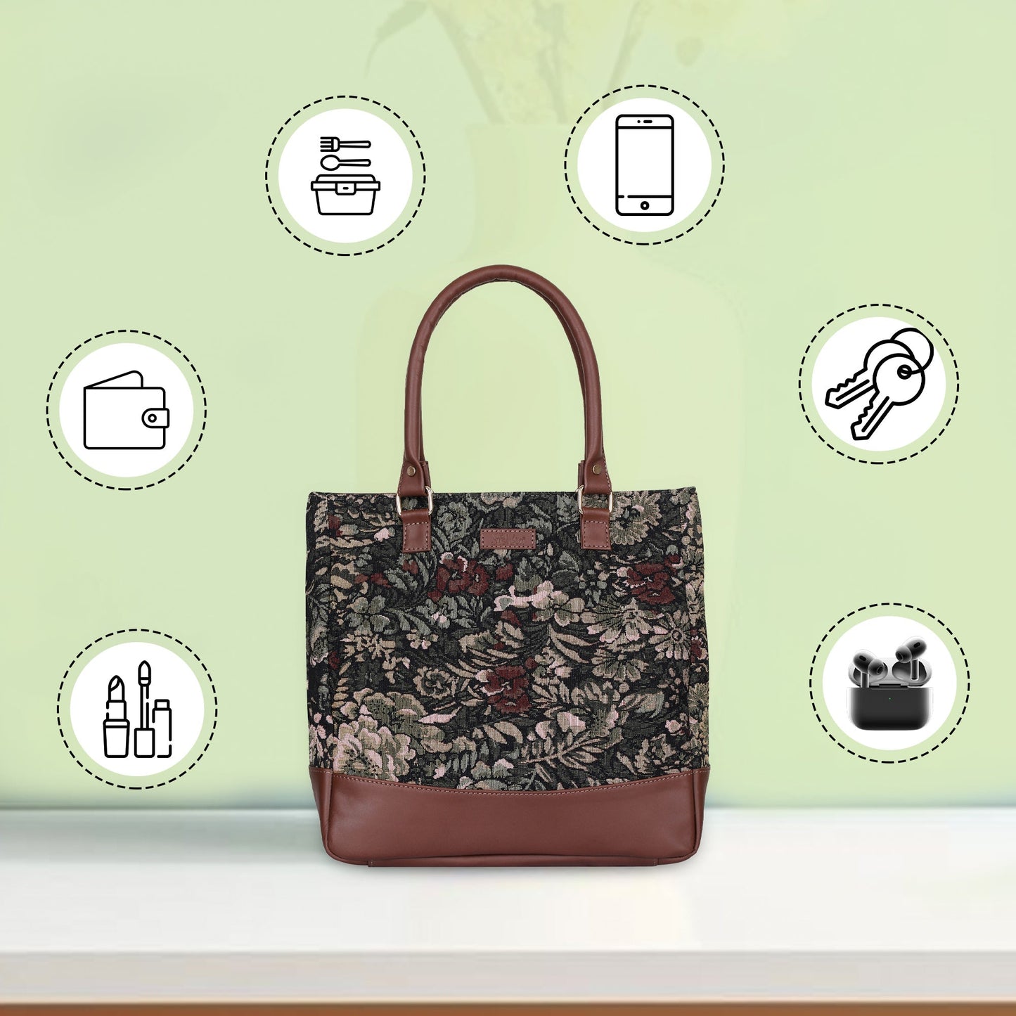 Women’s Vintage Tapestry Tote Bag – Genuine Leather-Trimmed Top Handle Shoulder Handbag for Daily Use, Office & Travel