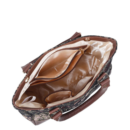 Women’s Vintage Tapestry Tote Bag – Genuine Leather-Trimmed Top Handle Shoulder Handbag for Daily Use, Office & Travel