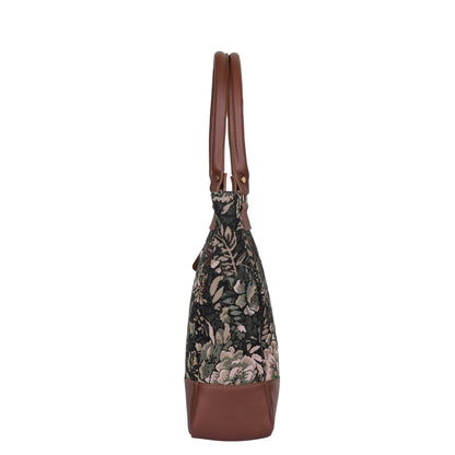 Women’s Vintage Tapestry Tote Bag – Genuine Leather-Trimmed Top Handle Shoulder Handbag for Daily Use, Office & Travel