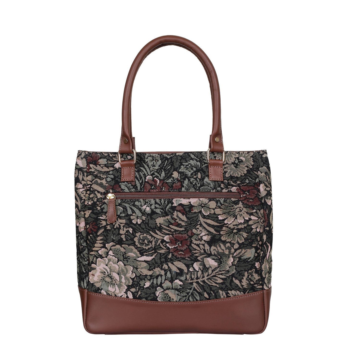 Women’s Vintage Tapestry Tote Bag – Genuine Leather-Trimmed Top Handle Shoulder Handbag for Daily Use, Office & Travel