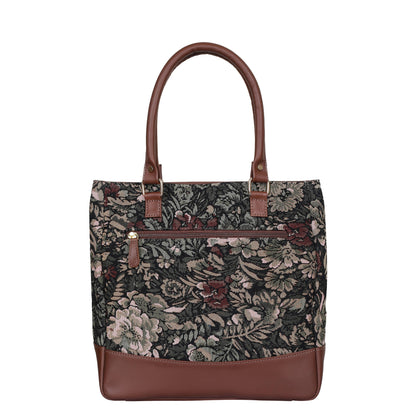 Women’s Vintage Tapestry Tote Bag – Genuine Leather-Trimmed Top Handle Shoulder Handbag for Daily Use, Office & Travel