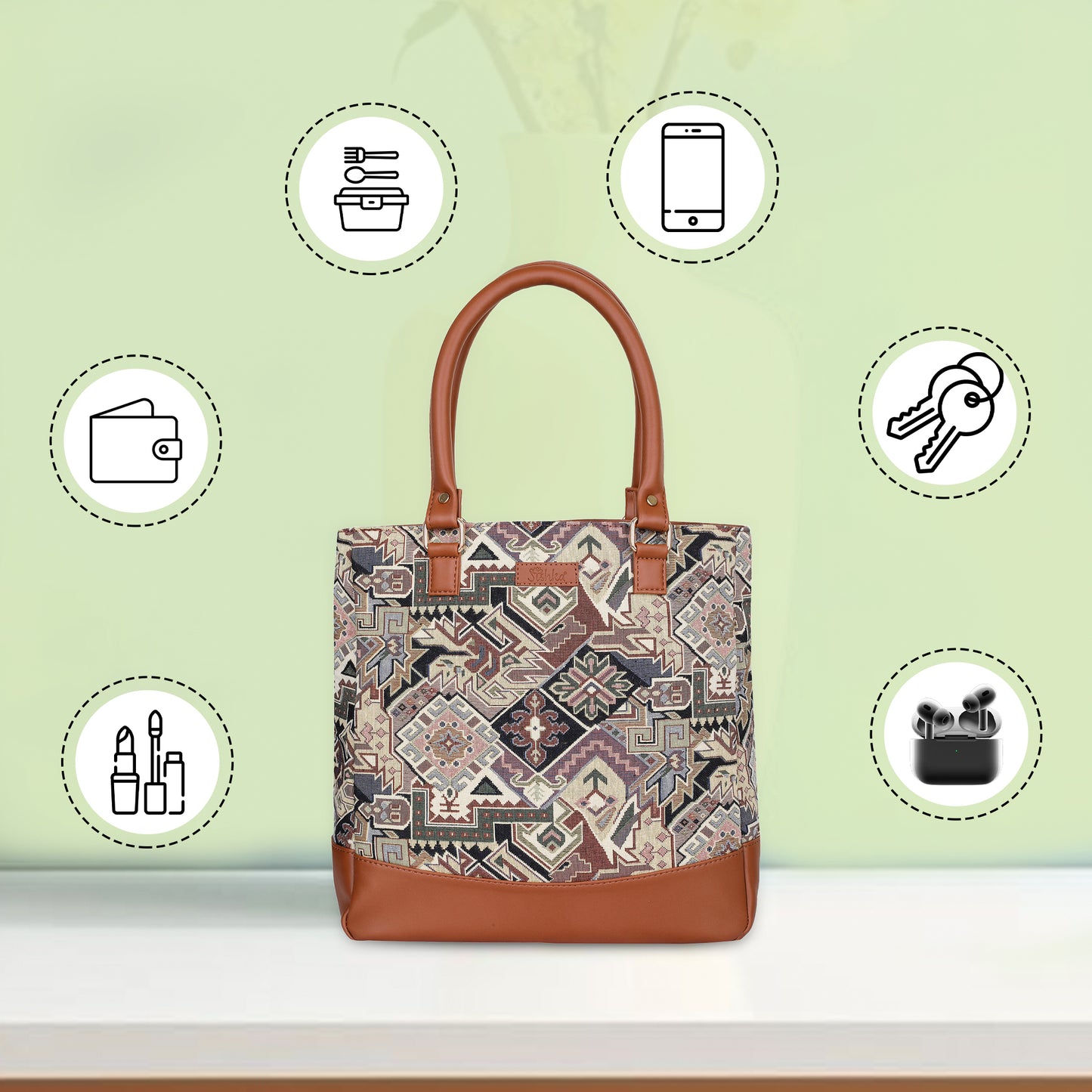Wholesale Geometric Tapestry Tote Bag for Women – Vegan Leather Trimmed Shoulder Purse for Daily Use & Work