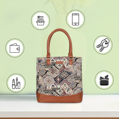 Wholesale Geometric Tapestry Tote Bag for Women – Vegan Leather Trimmed Shoulder Purse for Daily Use & Work