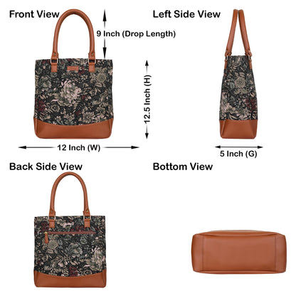 Women Vintage Tapestry Tote Bag – Vegan Leather-Trimmed Top Handle Shoulder Handbag for Daily Use, Office & Travel