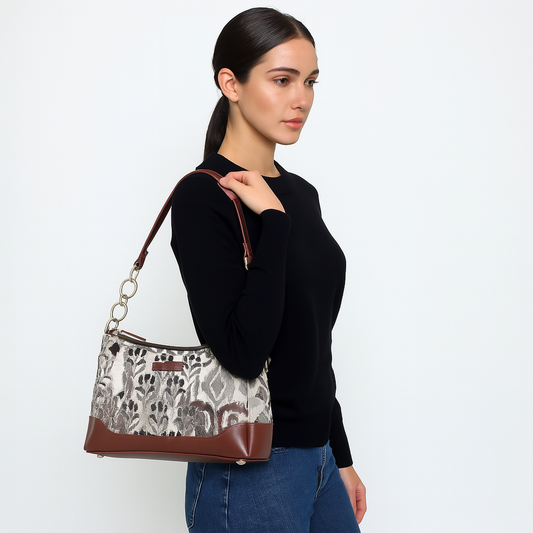 Wholesale Abstract Tapestry Shoulder Bag for Women – Modern Tote Sling Purse with Genuine Leather Handle