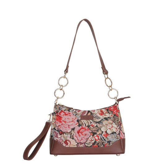 Floral Pattern Tapestry Shoulder Bag for Women – Stylish Tote Sling Satchel Purse with Genuine Leather Trim