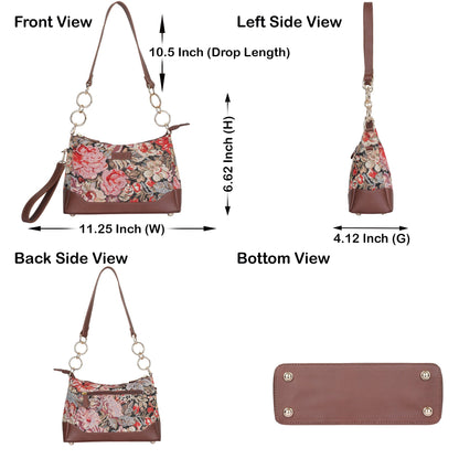 Floral Pattern Tapestry Shoulder Bag for Women – Stylish Tote Sling Satchel Purse with Genuine Leather Trim