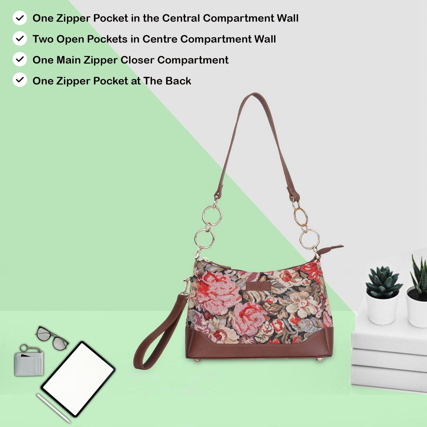 Floral Pattern Tapestry Shoulder Bag for Women – Stylish Tote Sling Satchel Purse with Genuine Leather Trim