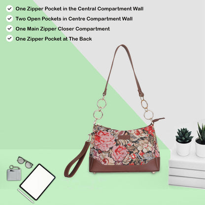 Floral Pattern Tapestry Shoulder Bag for Women – Stylish Tote Sling Satchel Purse with Genuine Leather Trim