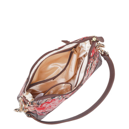 Floral Pattern Tapestry Shoulder Bag for Women – Stylish Tote Sling Satchel Purse with Genuine Leather Trim