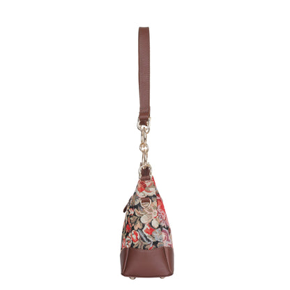 Floral Pattern Tapestry Shoulder Bag for Women – Stylish Tote Sling Satchel Purse with Genuine Leather Trim