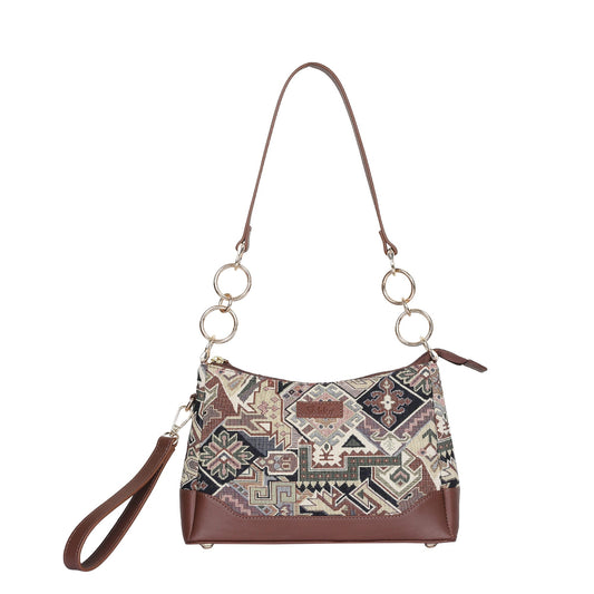 Geometric Tapestry Shoulder Bag for Women – Elegant Tote Sling Satchel Purse with Genuine Leather Handle