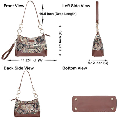 Geometric Tapestry Shoulder Bag for Women – Elegant Tote Sling Satchel Purse with Genuine Leather Handle