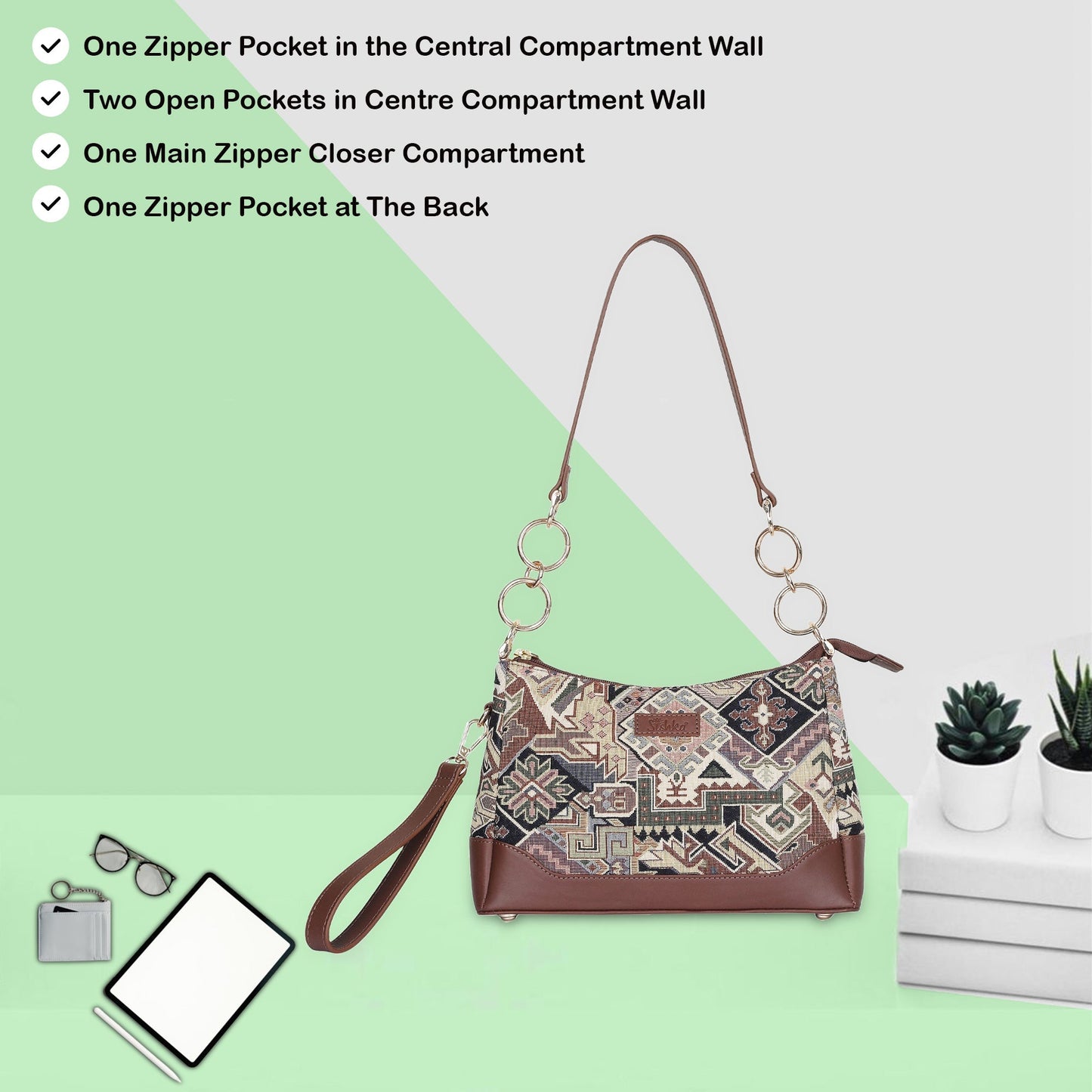Geometric Tapestry Shoulder Bag for Women – Elegant Tote Sling Satchel Purse with Genuine Leather Handle