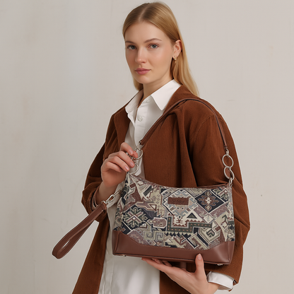 Geometric Tapestry Shoulder Bag for Women – Elegant Tote Sling Satchel Purse with Genuine Leather Handle