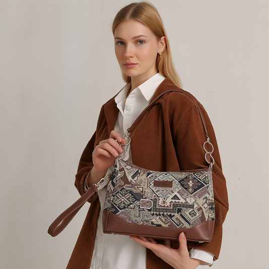 Geometric Tapestry Shoulder Bag for Women – Elegant Tote Sling Satchel Purse with Genuine Leather Handle