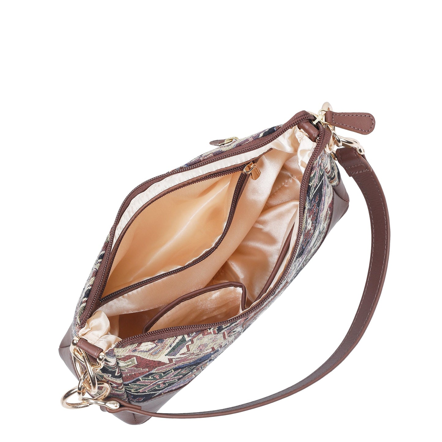 Geometric Tapestry Shoulder Bag for Women – Elegant Tote Sling Satchel Purse with Genuine Leather Handle