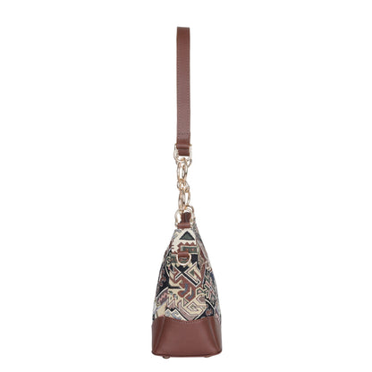 Geometric Tapestry Shoulder Bag for Women – Elegant Tote Sling Satchel Purse with Genuine Leather Handle