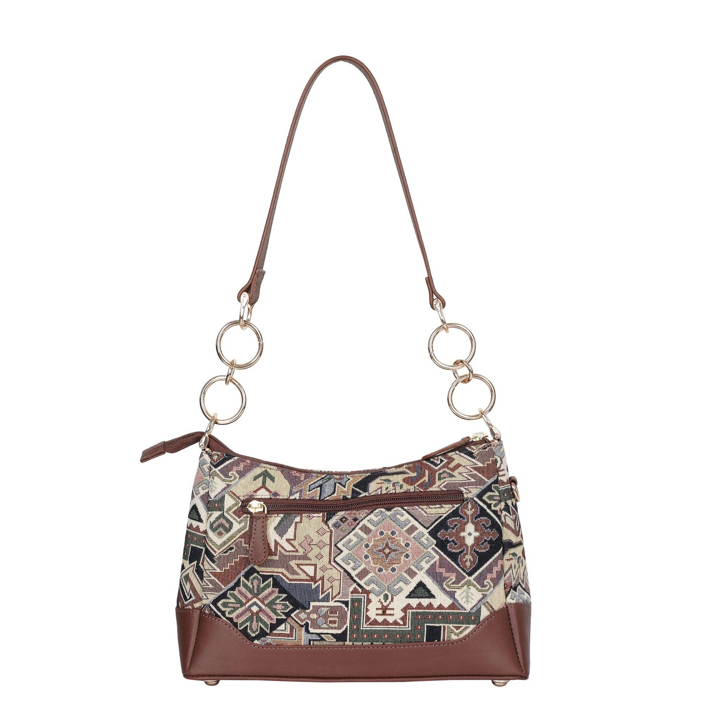 Geometric Tapestry Shoulder Bag for Women – Elegant Tote Sling Satchel Purse with Genuine Leather Handle