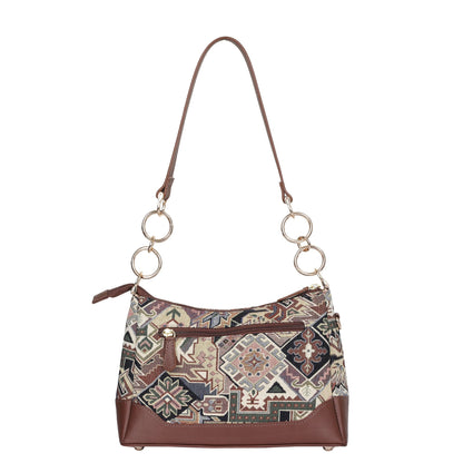 Geometric Tapestry Shoulder Bag for Women – Elegant Tote Sling Satchel Purse with Genuine Leather Handle